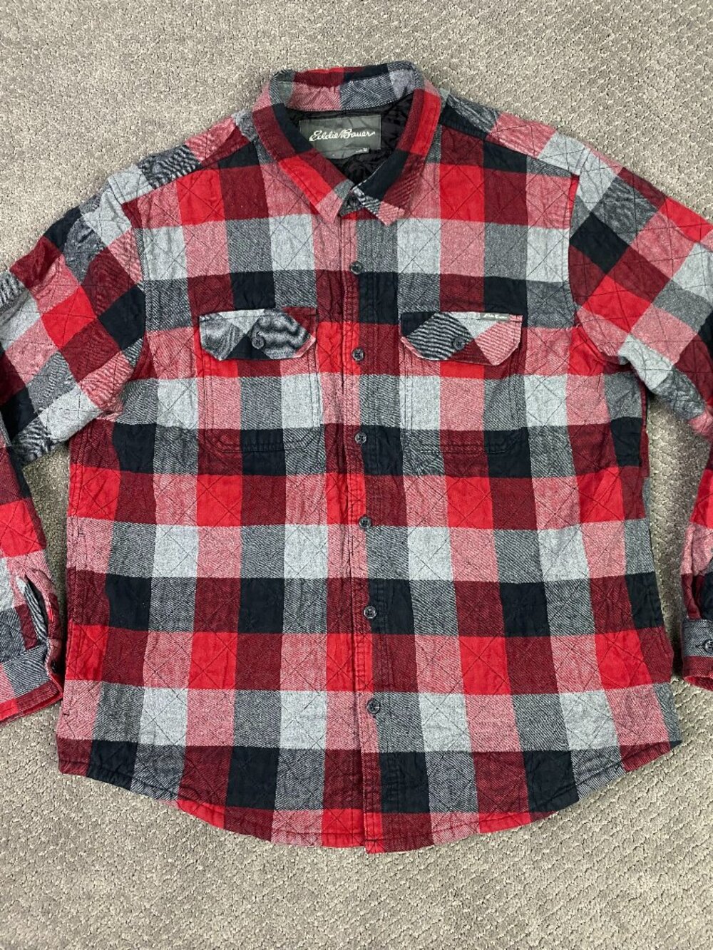 Eddie Bauer Flannel Shirt Jacket Shacket Mens XL Red Gray Black Diamond Quilted